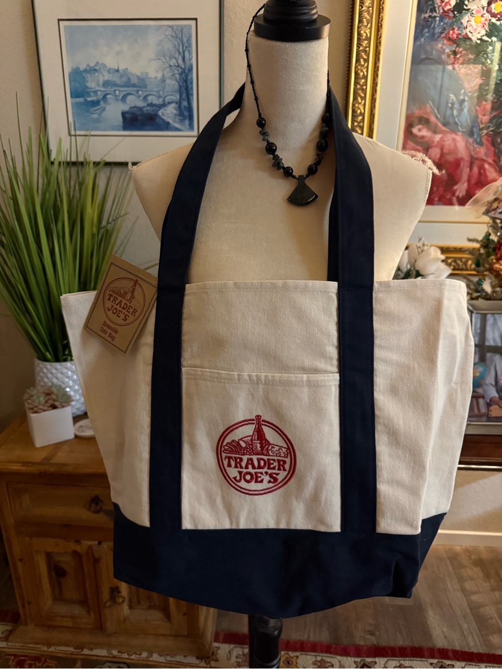 Trader Joe's Canvas Tote Bag in Cream and Navy
